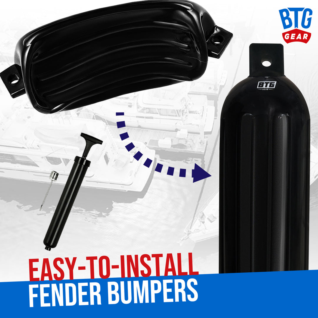 BTG GEAR Pair/Set of 2 (Two) Inflatable Boat Fenders/Bumpers in Black, 5.5" x 20",  6.5" x 23", w/ Free 6&