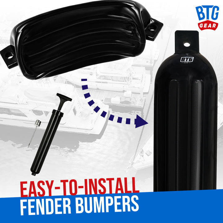 BTG GEAR Pair/Set of 2 (Two) Inflatable Boat Fenders/Bumpers in Black, 5.5" x 20",  6.5" x 23", w/ Free 6&