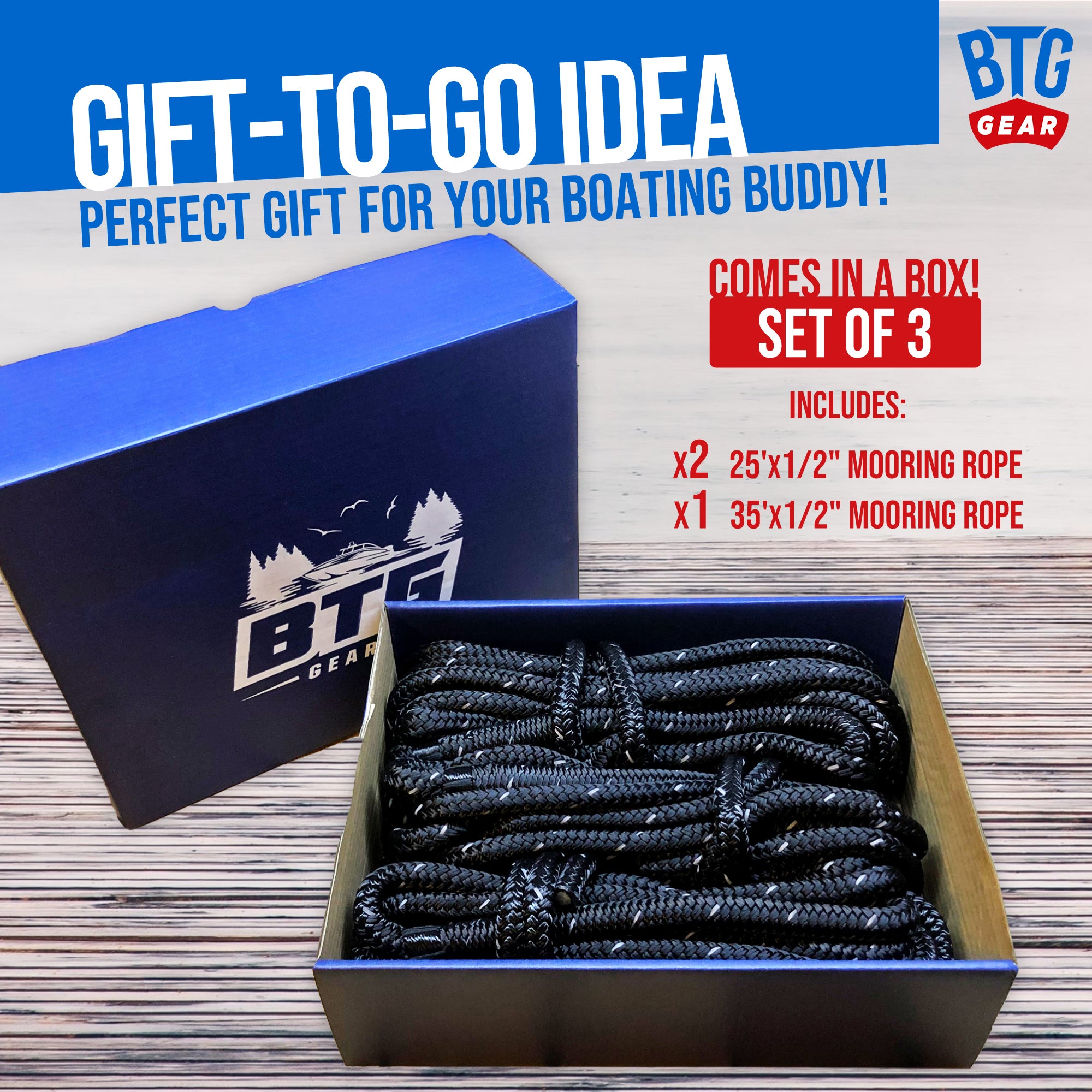 BTG Gear Heavy Duty Marine-Grade Double Braided Reflective Nylon Dock LINE KIT (Three Ropes) - Boats up to 36' in sizes 5/8