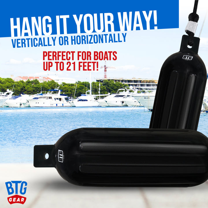 BTG GEAR Pair/Set of 2 (Two) Inflatable Boat Fenders/Bumpers in Black, 5.5" x 20",  6.5" x 23", w/ Free 6&