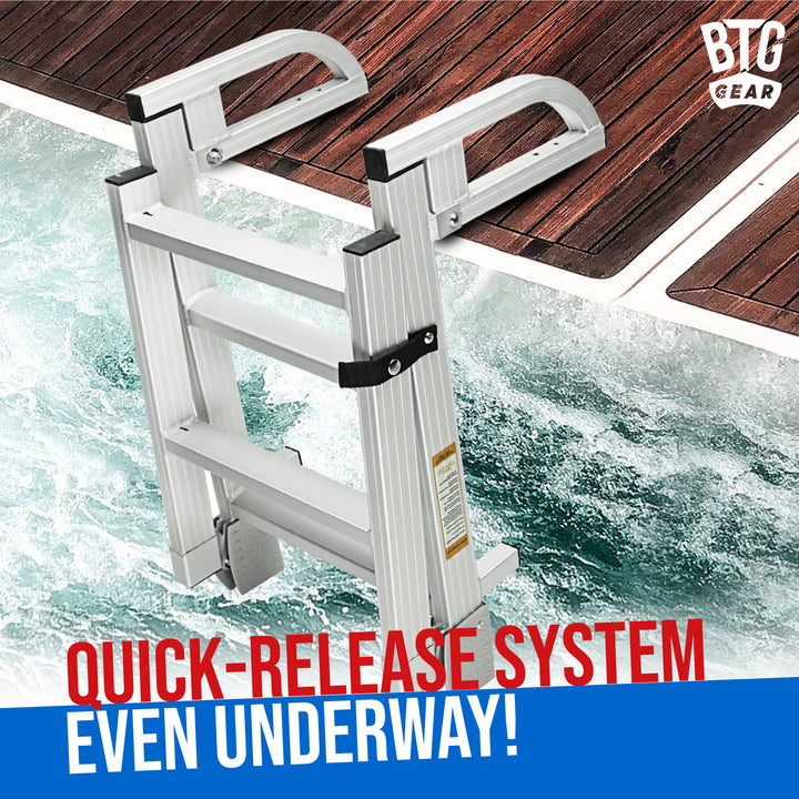 BTG Gear 4-Step Heavy-Duty Pontoon Boat Boarding Marine Folding Ladder, Aluminum w/ Quick Release Clips, extends up to 42"