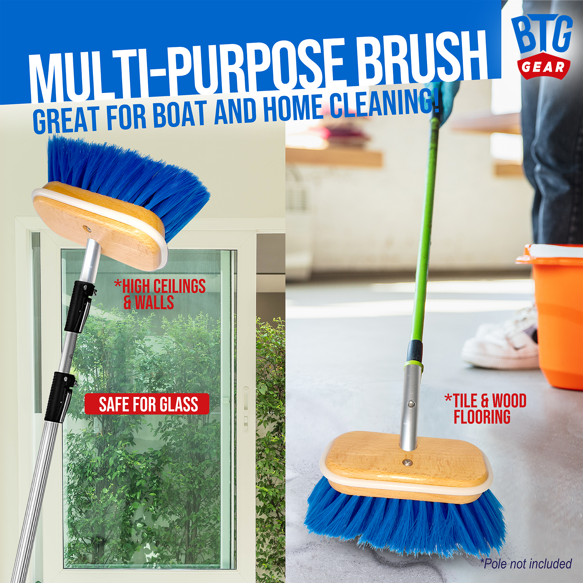 BTG Gear Medium Thickness Snap Button Boat Deck Brush for Cleaning Hull/Railings
