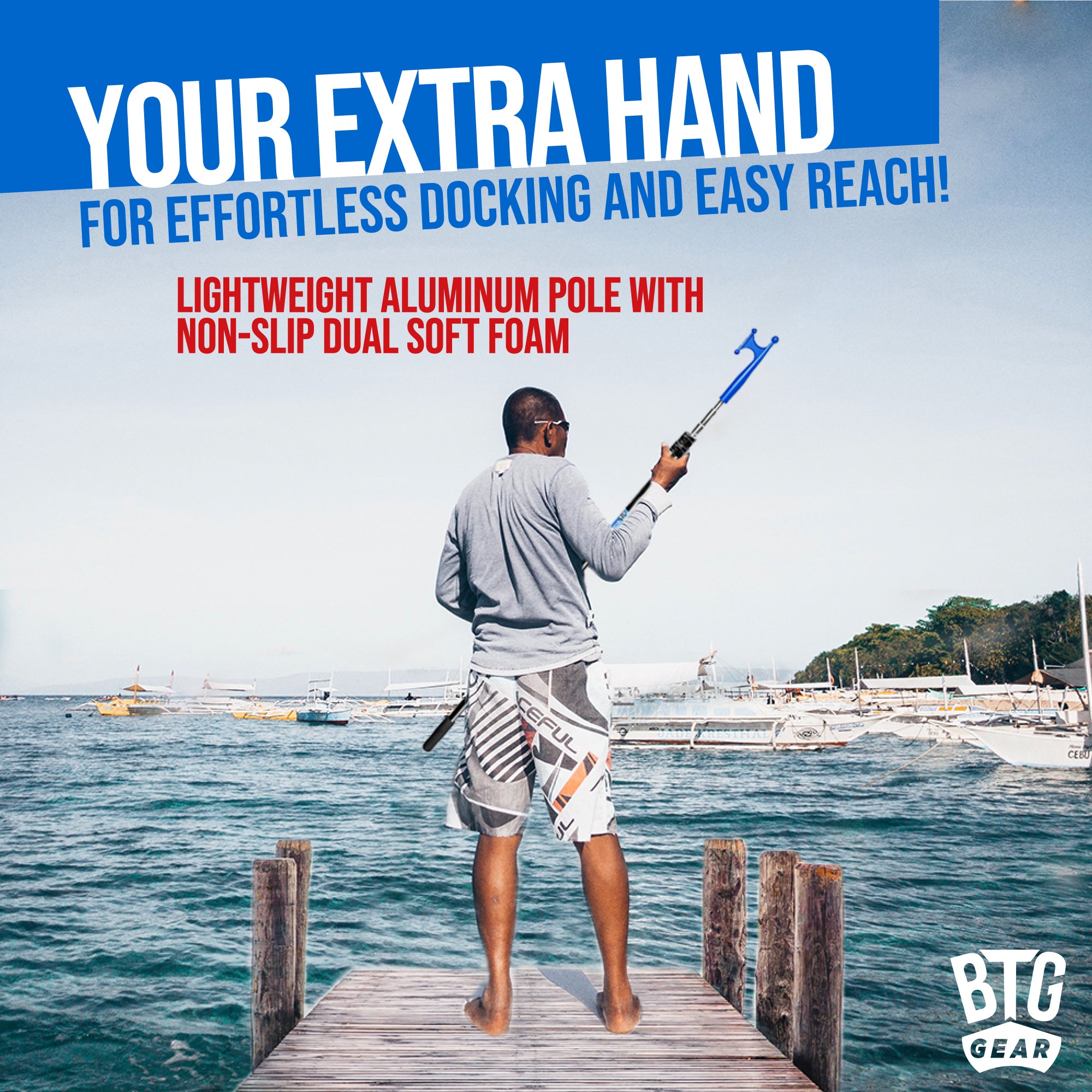BTG GEAR 5' to 8.5' Marine-Grade Telescoping Boat Pole w/Removable Hook for Docking, Floating, Extra-Strong Aluminum, Boats up to 40ft