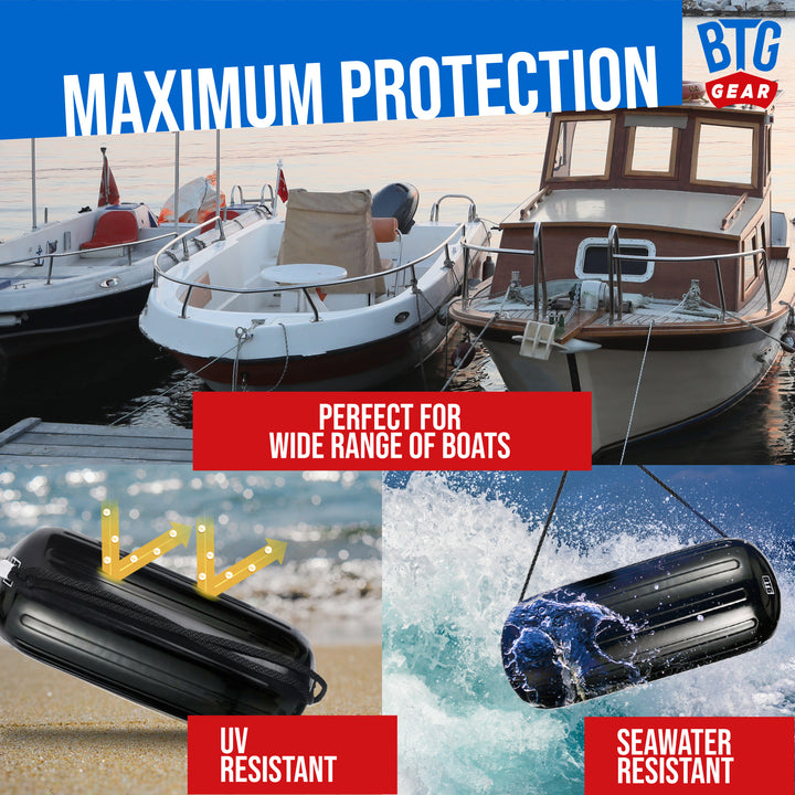 BTG GEAR Pair/Set of 2 Inflatable Center Hole in Middle Boat Fenders in Black, 8" x 20" (with Marine Bumper Lines &amp; Pump) Set