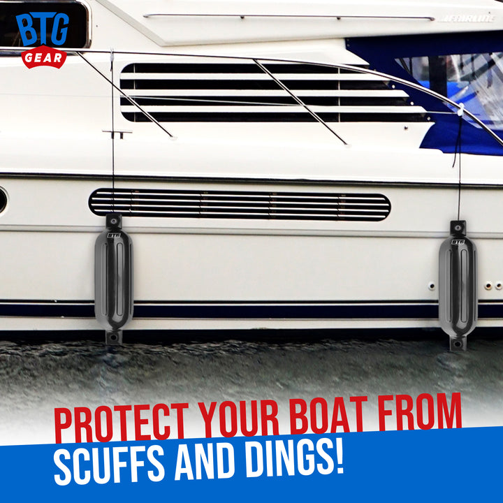 BTG GEAR Pair/Set of 2 (Two) Inflatable Boat Fenders/Bumpers in Black, 5.5" x 20",  6.5" x 23", w/ Free 6&