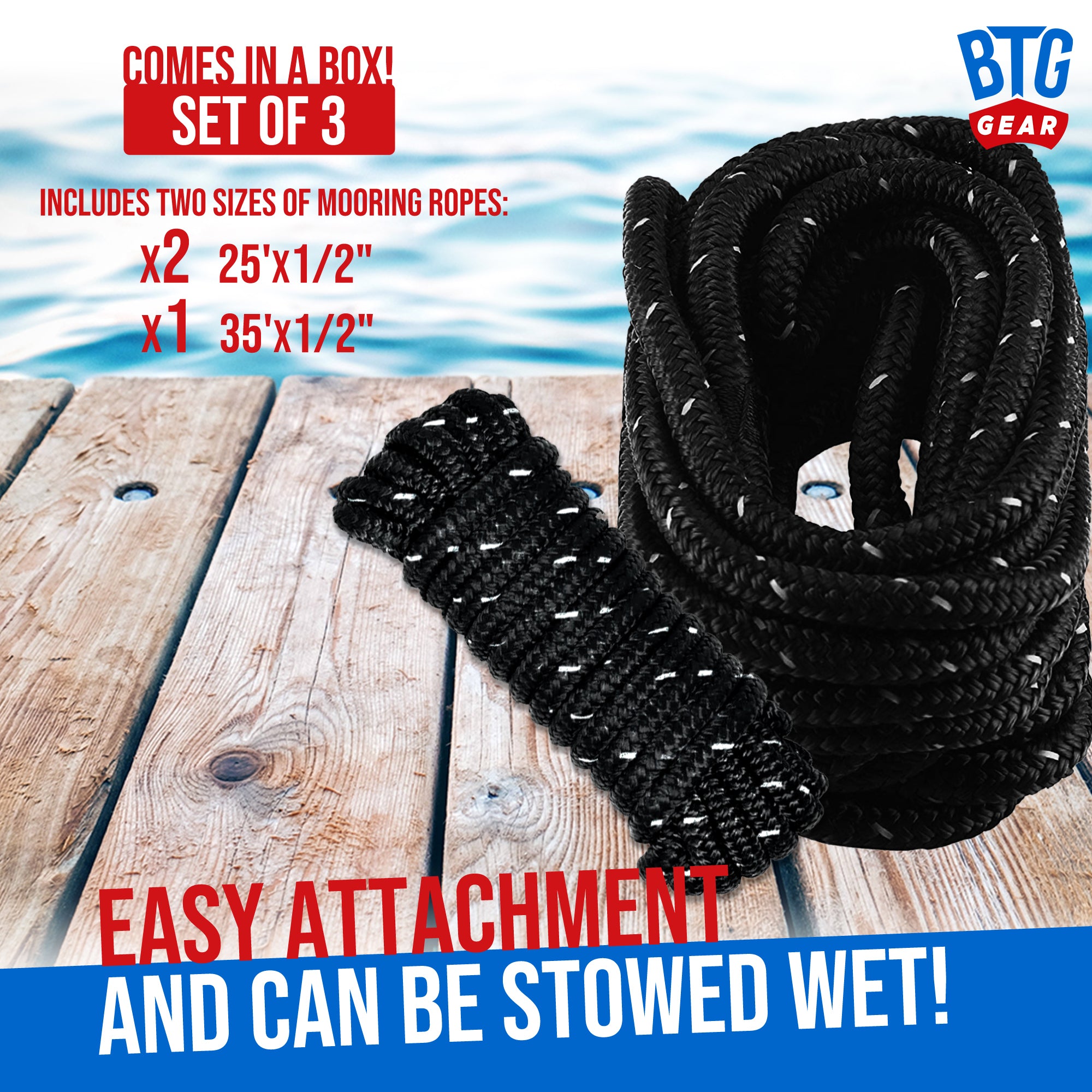 BTG Gear Heavy Duty Marine-Grade Double Braided Reflective Nylon Dock LINE KIT (Three Ropes) - Boats up to 36' in sizes 5/8