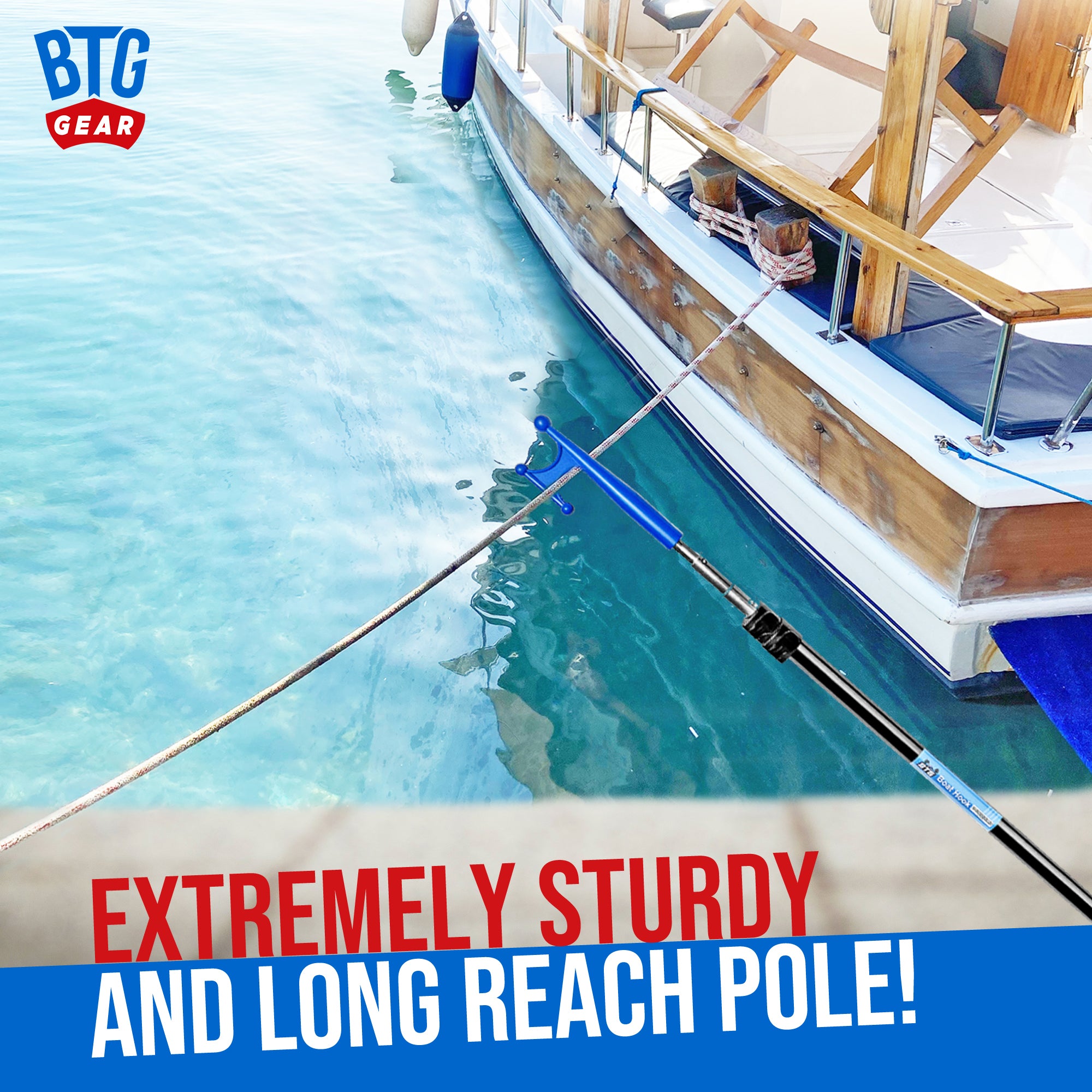 BTG GEAR 5' to 8.5' Marine-Grade Telescoping Boat Pole w/Removable Hook for Docking, Floating, Extra-Strong Aluminum, Boats up to 40ft