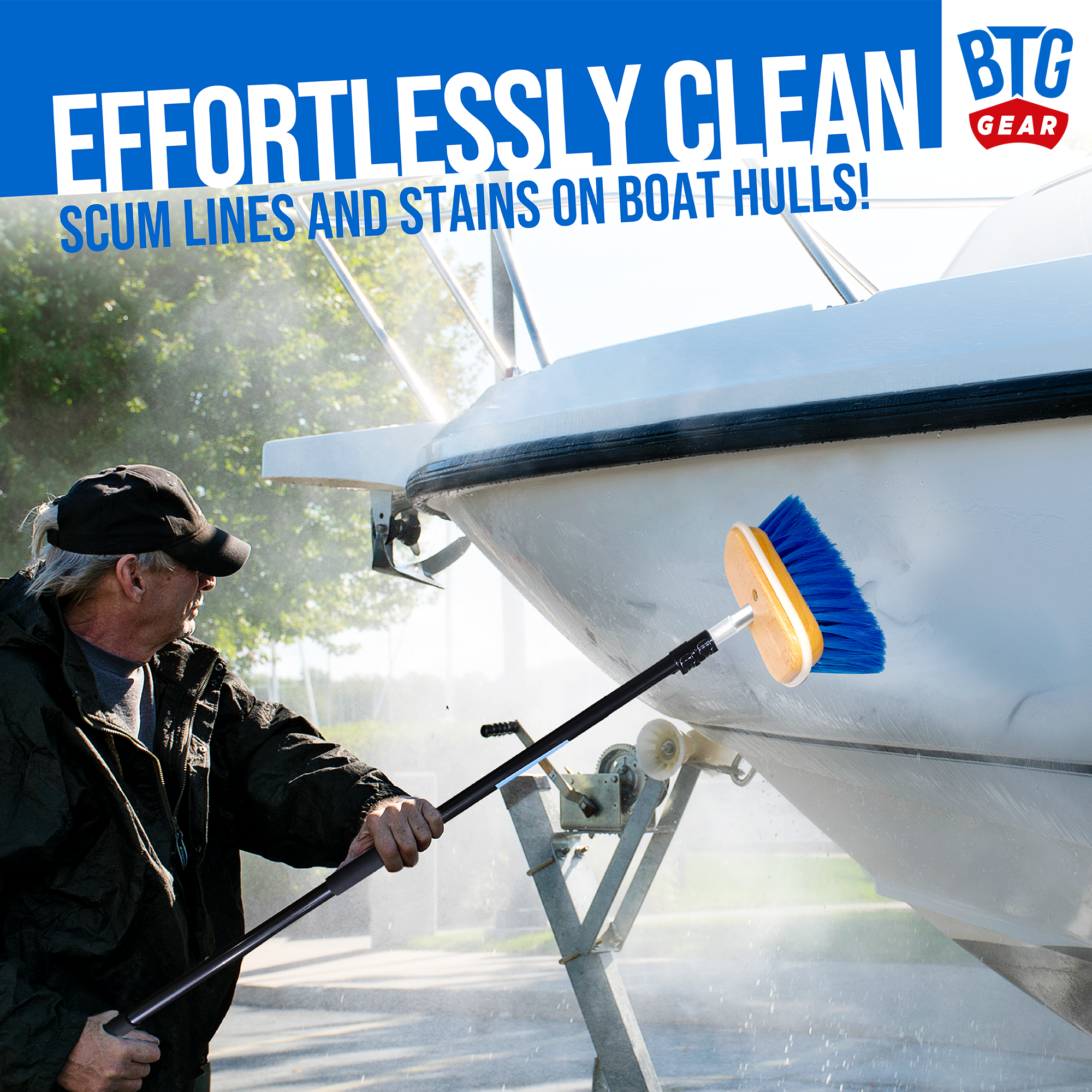 BTG Gear Medium Thickness Snap Button Boat Deck Brush for Cleaning Hull/Railings