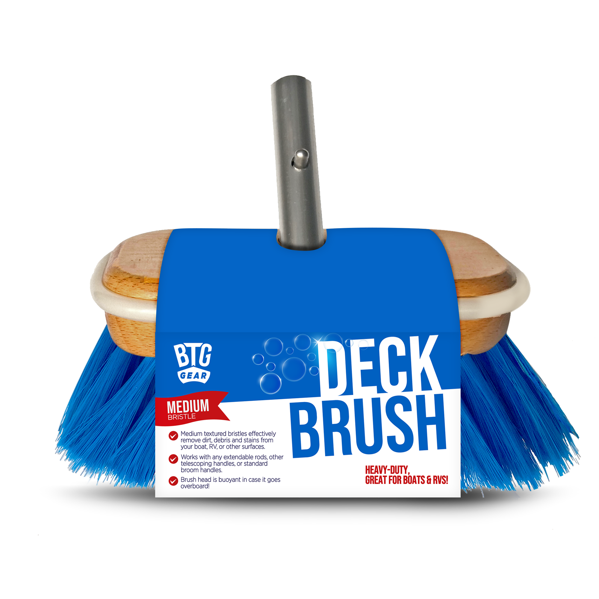 BTG Gear Medium Thickness Marine-Grade Removable Boat Deck Brush for Cleaning Hull/Railings - Snap Button